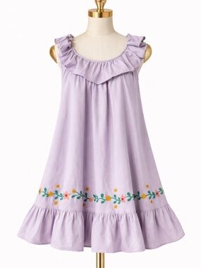 Lavender Ruffle Dress Medium Boho Embroidered Sundress Floral Hem Flowy